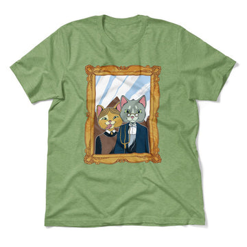 American Gothic Cats Men/Unisex T-Shirt in Heather Green color